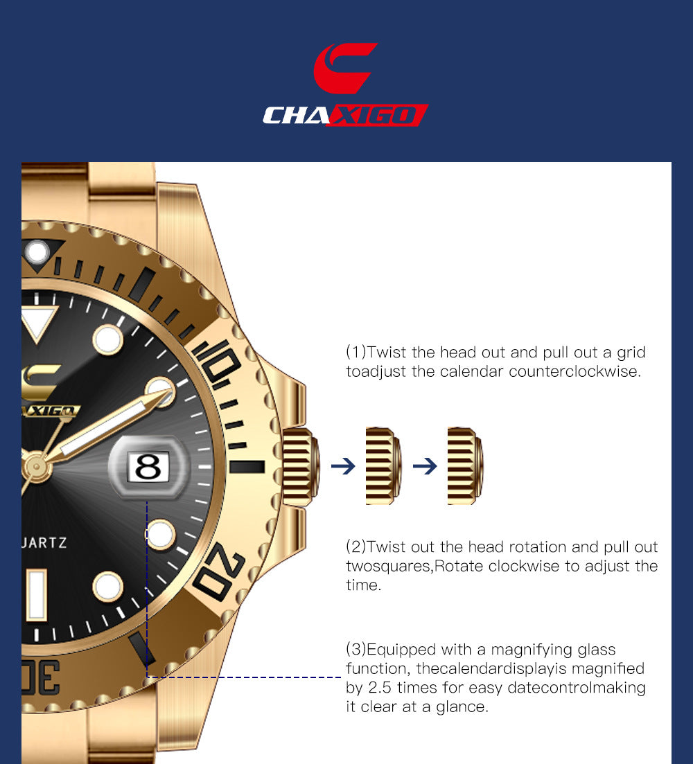 Swiss CHAXIGO quartz watch cross-border watch wholesale new green water ghost quartz luminous waterproof men's watch