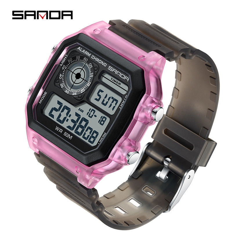 Sanda Hot-selling Square Watch Luminous Waterproof Alarm Student Watch Simple Korean Transparent Sports Electronic Watch