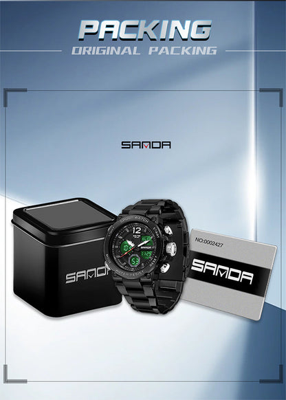 Sanda foreign trade best selling electronic watch fashion business steel band luminous wrist watch multi-functional dual display men's watch wholesale