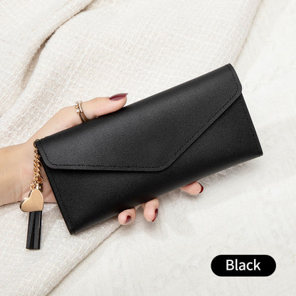 Korean Style Simple Three-fold Women's Long Wallet Fashionable Tassel Pendant Clutch Small Group Portable Multi-functional Coin Purse