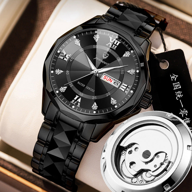 FOURRON brand imitation mechanical hollow-out transparent men's watch butterfly buckle steel belt luminous waterproof calendar Diamond
