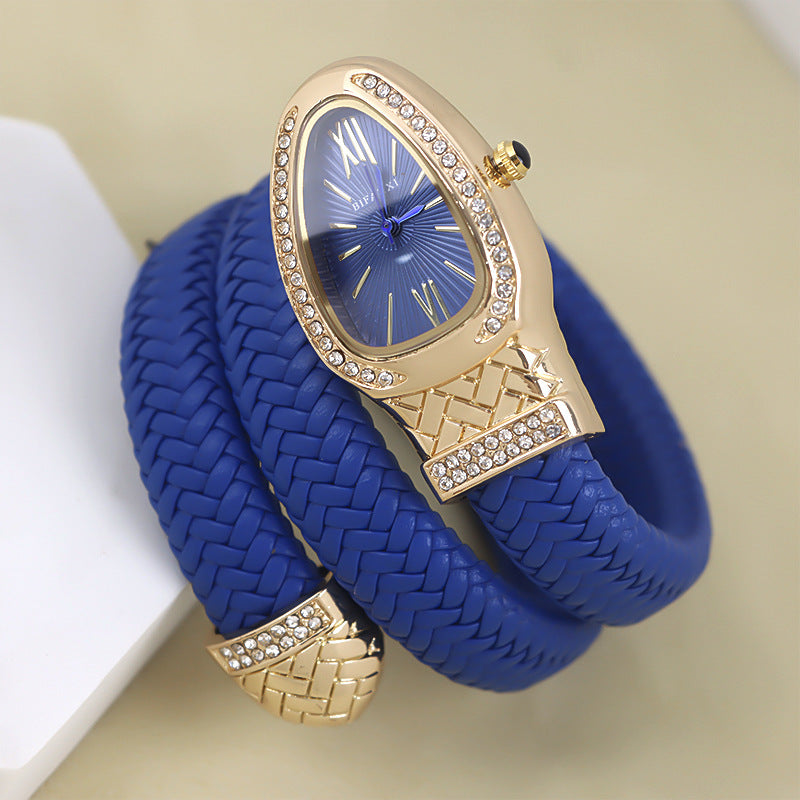 New Cross-Border Snake-Shaped Watch, Fashionable and Creative Personalized Quartz Watch for Women, Diamond-Encrusted Leather Strap Bracelet, Fashionable Watch