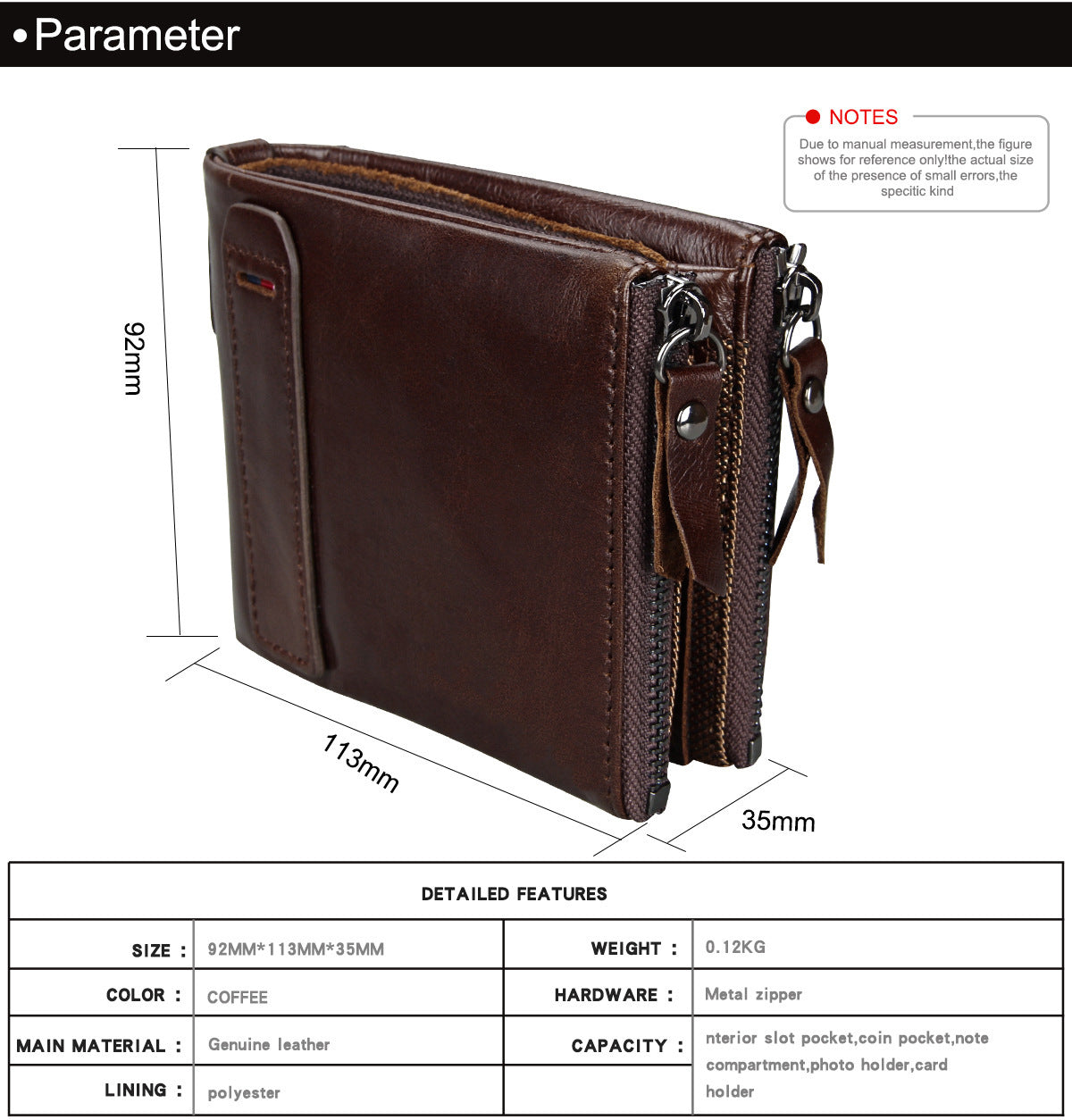 Crazy Horse Cowhide Men's Wallet RFID Anti-theft Brush Cowhide Short Men's Ticket Clip Wallet Double Zipper Coin Purse