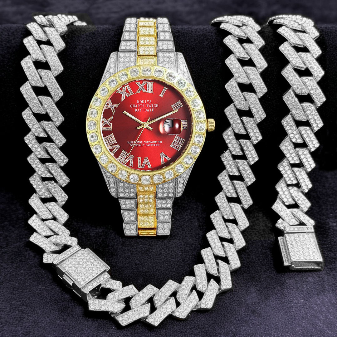 [Bross-Border Hot Item] 16-Piece Set of Various Diamond-Encrusted Watches, Diamond-Shaped Cuban Bracelets and Necklaces, Three-Piece Set