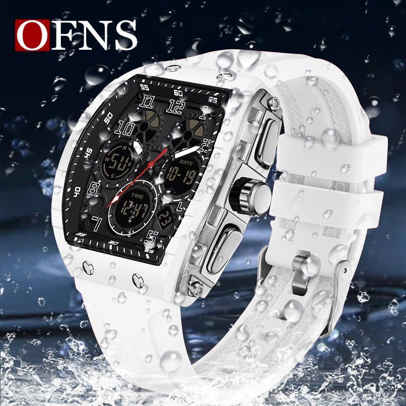 Ofns Fashion Watch Sports Waterproof Watch Barrel-Shaped Multi-Function Luminous Dual-Time Student Digital Watch