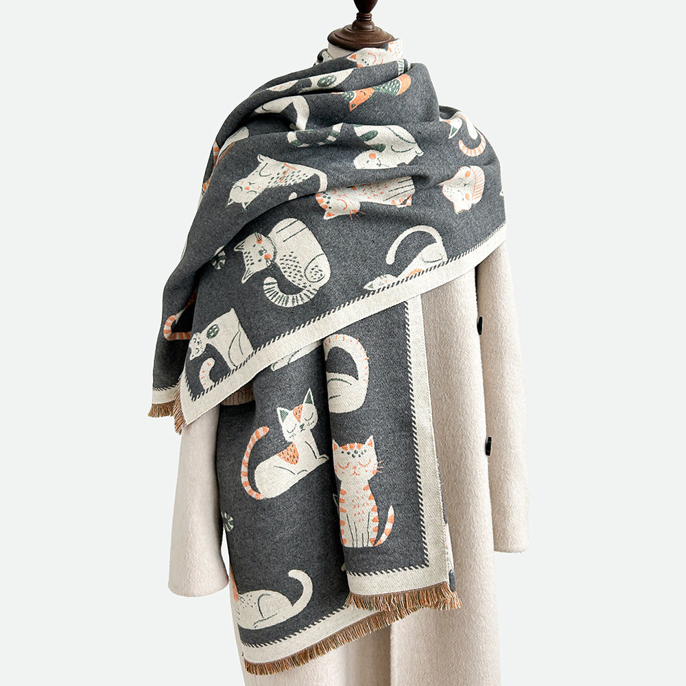 Sweet Cartoon Double-sided Cute Kitten Cashmere Scarf Women's Fashion All-match Thickened Winter Warm Neck Shawl