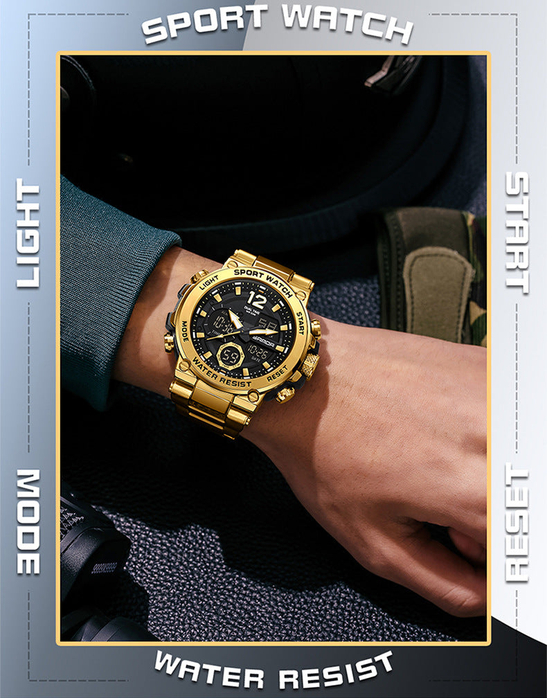 Sanda foreign trade best selling electronic watch fashion business steel band luminous wrist watch multi-functional dual display men's watch wholesale