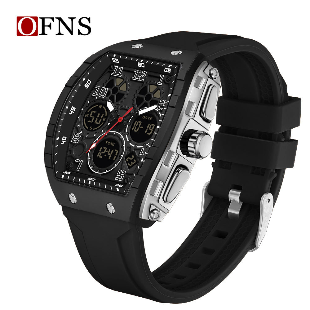 Ofns Fashion Watch Sports Waterproof Watch Barrel-Shaped Multi-Function Luminous Dual-Time Student Digital Watch