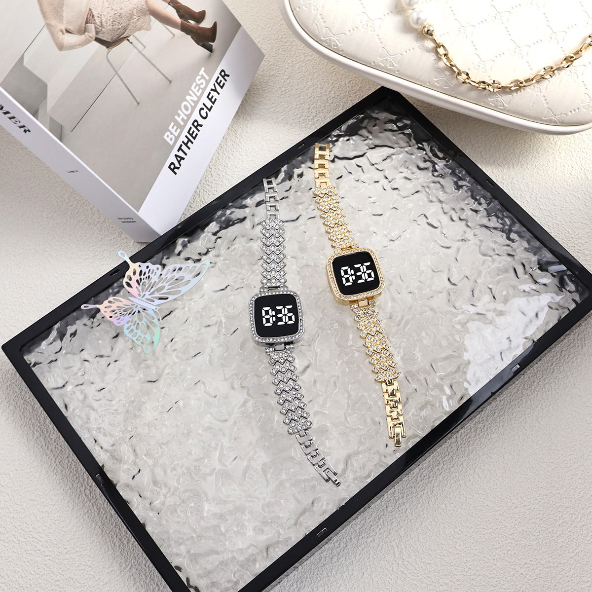 Cross-border Foreign Trade Diamond-encrusted Women's Small Fragrant Style Metal Steel Band LED Watch Fashion Touch Casual Electronic Watch