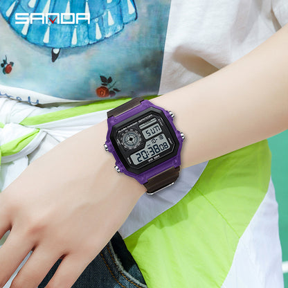 Sanda Hot-selling Square Watch Luminous Waterproof Alarm Student Watch Simple Korean Transparent Sports Electronic Watch