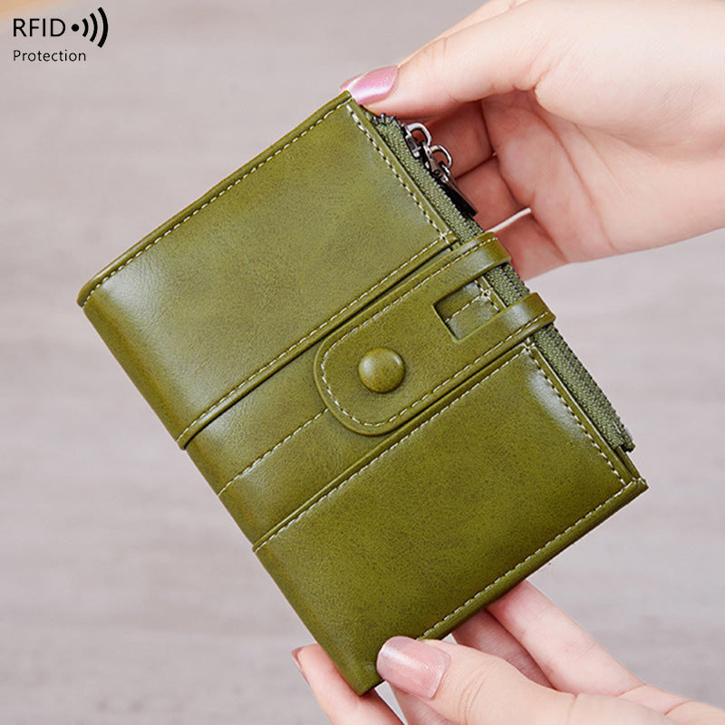 Cross-Border 2025Rfid Anti-Theft Wallet Retro Oil Wax Leather Double Zipper Coin Purse European and American Fashion Short Wallet