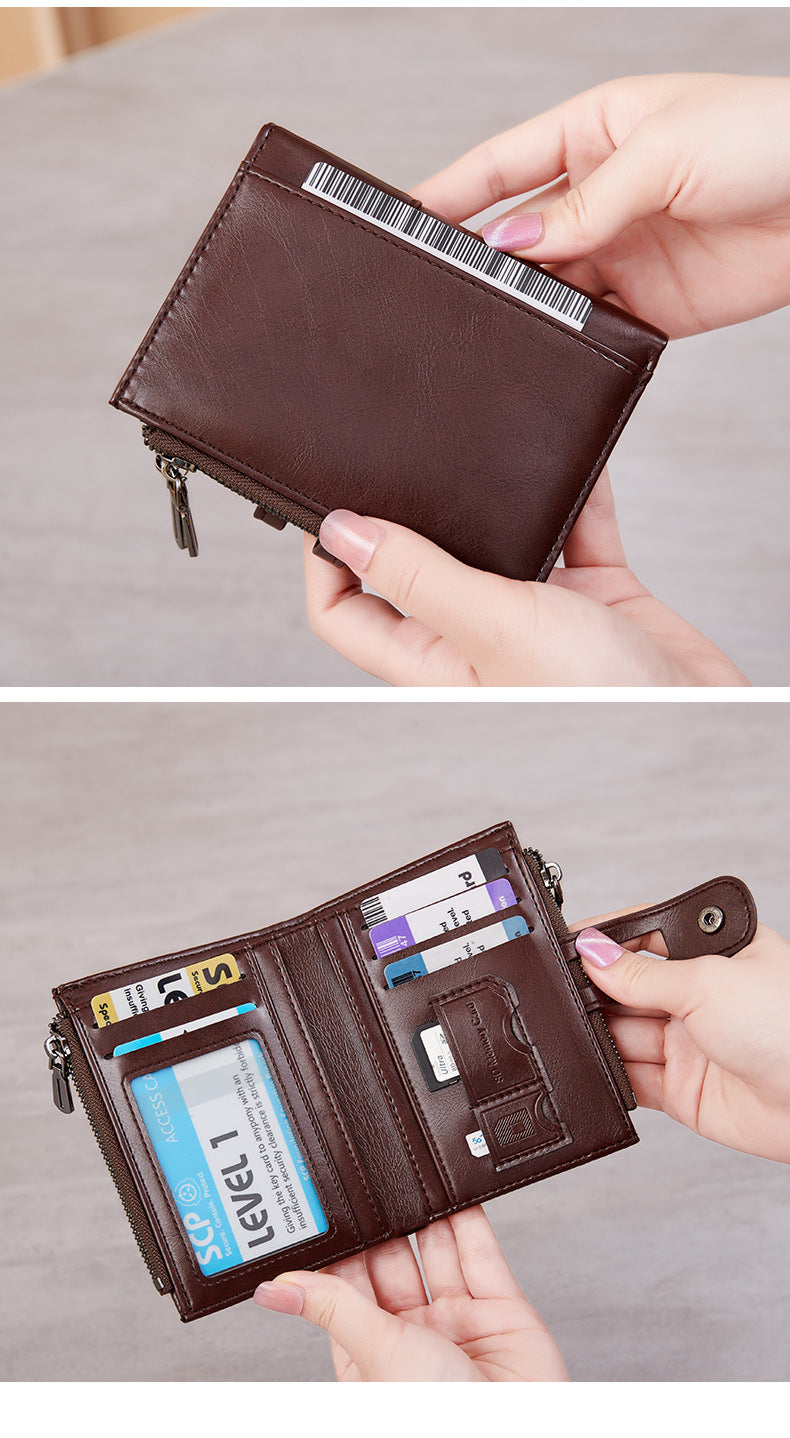 Cross-Border 2025Rfid Anti-Theft Wallet Retro Oil Wax Leather Double Zipper Coin Purse European and American Fashion Short Wallet