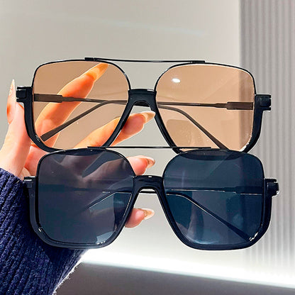 Cross-Border Double-Beam Brown Sunglasses Transparent Black Retro High-End Sunglasses Unisex Large Frame Glasses
