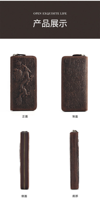 Crazy Horse Leather National Trend Long Wallet Men's Large Capacity Zipper Clutch Genuine Leather Retro Style Men's Wallet Card Holder