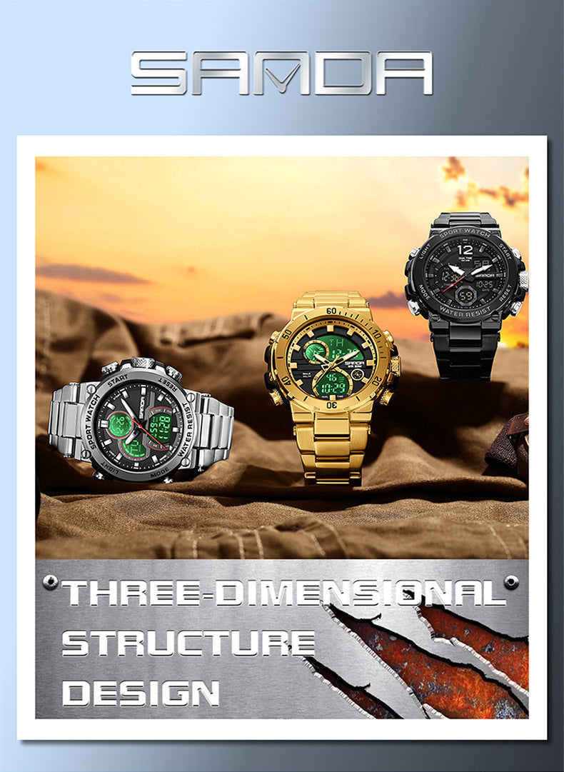Sanda foreign trade best selling electronic watch fashion business steel band luminous wrist watch multi-functional dual display men's watch wholesale