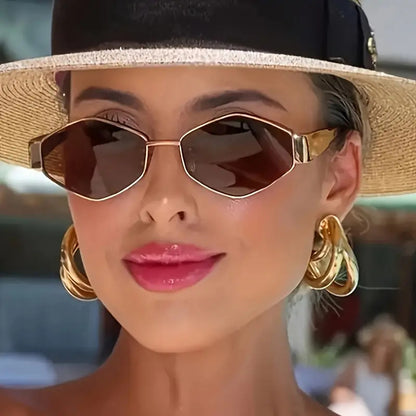2026 New European and American Fashion Polygonal Rhombus Metal Sunglasses for Women, Trendy and Unique Wide Temple Sunglasses