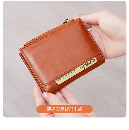 Cross-Border 2025Rfid Anti-Theft Wallet Retro Oil Wax Leather Double Zipper Coin Purse European and American Fashion Short Wallet