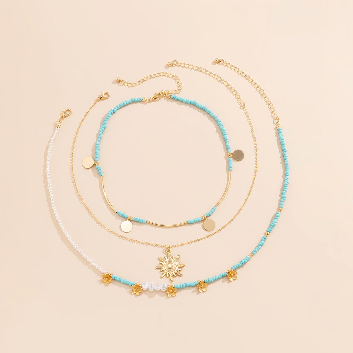 All-match Rice Bead Sequins Tassel Sunflower Pendant Retro Clavicle Necklace European and American Hip Hop Imitation Pearl Niche Necklace
