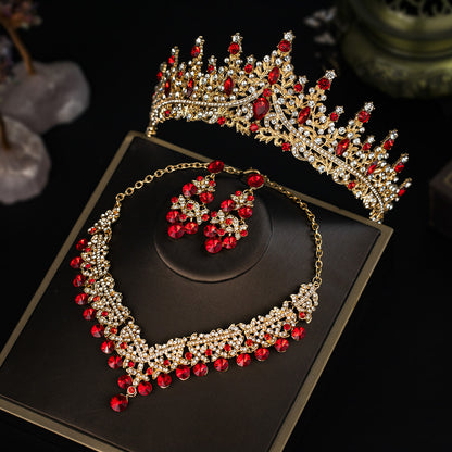 European and American Bride Jewelry Three-piece Suit High-class Dance Wedding Jewelry Alloy Diamond Crown Necklace Earrings suit