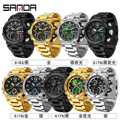 Sanda foreign trade best selling electronic watch fashion business steel band luminous wrist watch multi-functional dual display men's watch wholesale