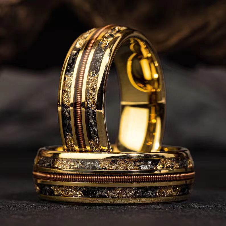 European and American Cross-Border Best-Selling Stainless Steel Rings, Meteorite Inlaid Gold Foil Men's Light Luxury Fashion Personalized Rings Wholesale