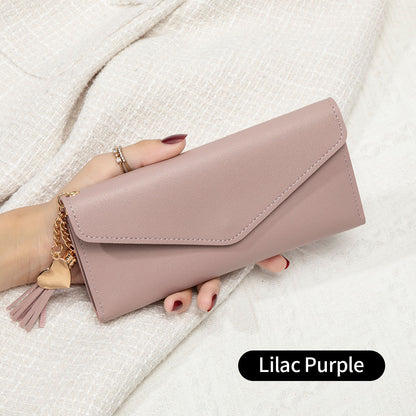 Korean Style Simple Three-fold Women's Long Wallet Fashionable Tassel Pendant Clutch Small Group Portable Multi-functional Coin Purse