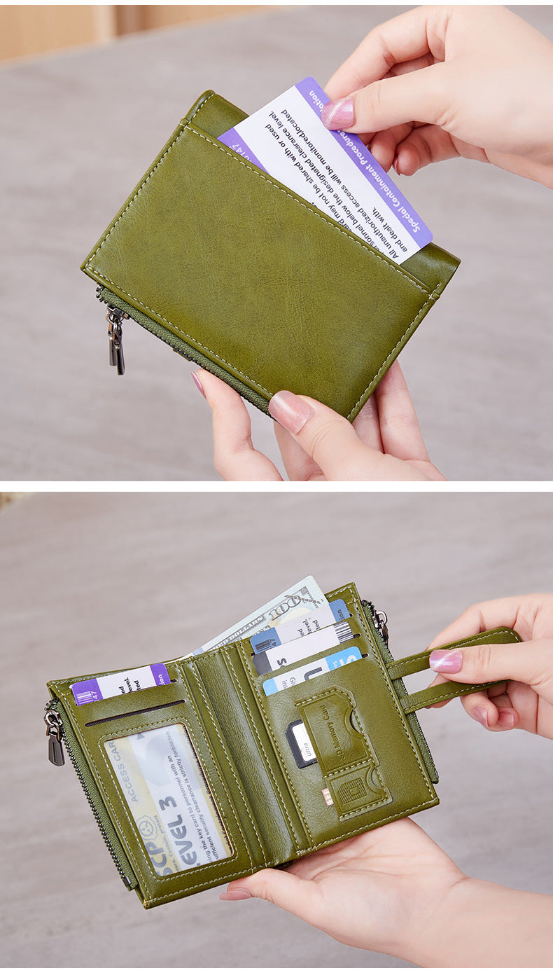 Cross-Border 2025Rfid Anti-Theft Wallet Retro Oil Wax Leather Double Zipper Coin Purse European and American Fashion Short Wallet