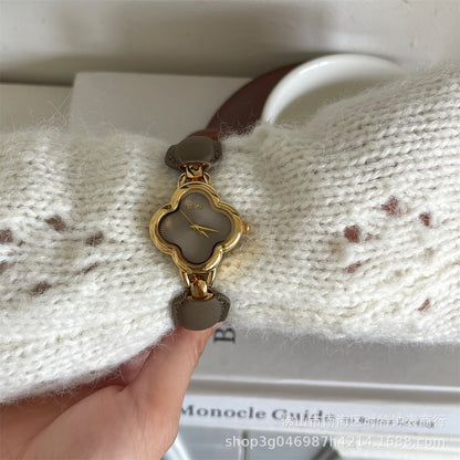 IEKE Fashion Light Luxury Four-leaf Clover Small Chanel Style Leather Bracelet Watch Women's Wristwatch High-end Light Luxury Internet Celebrity Hair