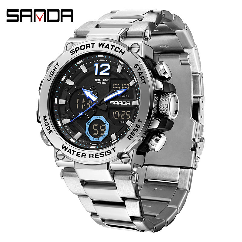 Sanda foreign trade best selling electronic watch fashion business steel band luminous wrist watch multi-functional dual display men's watch wholesale
