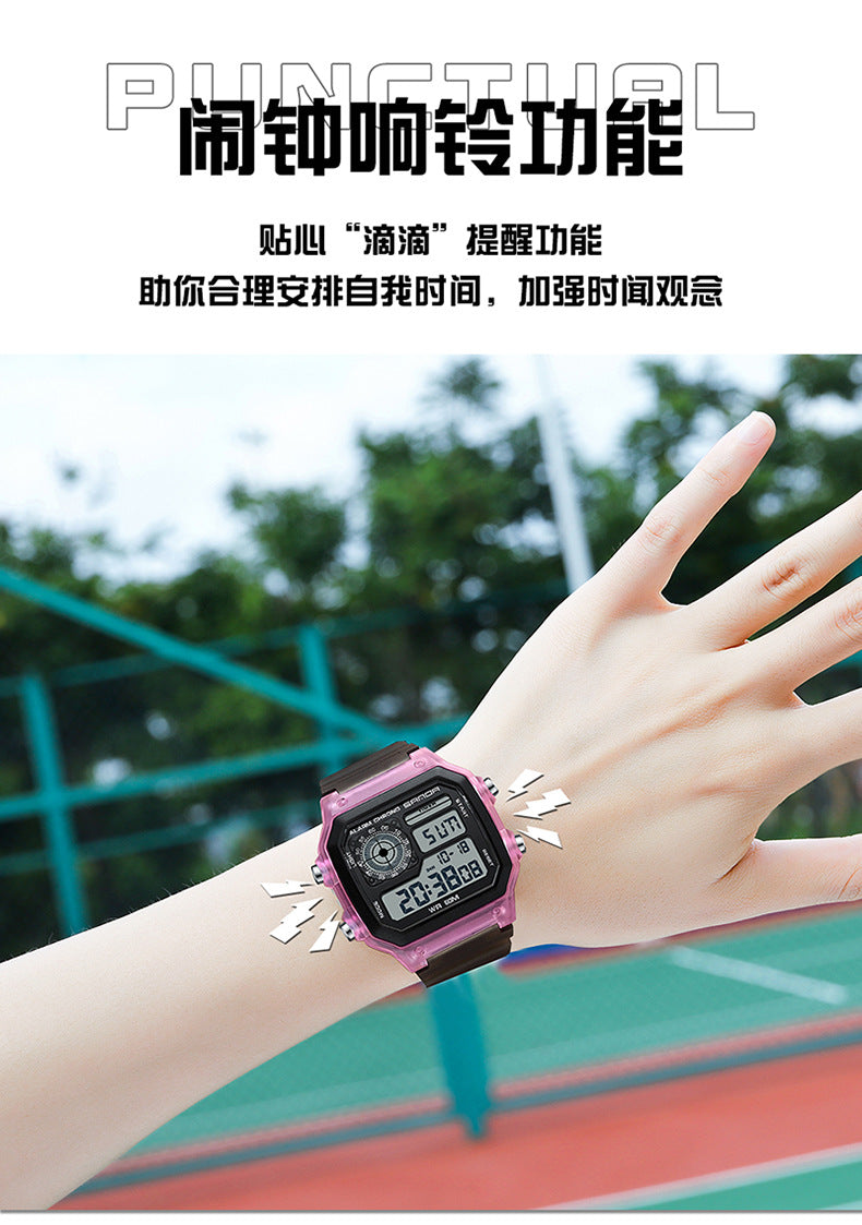 Sanda Hot-selling Square Watch Luminous Waterproof Alarm Student Watch Simple Korean Transparent Sports Electronic Watch