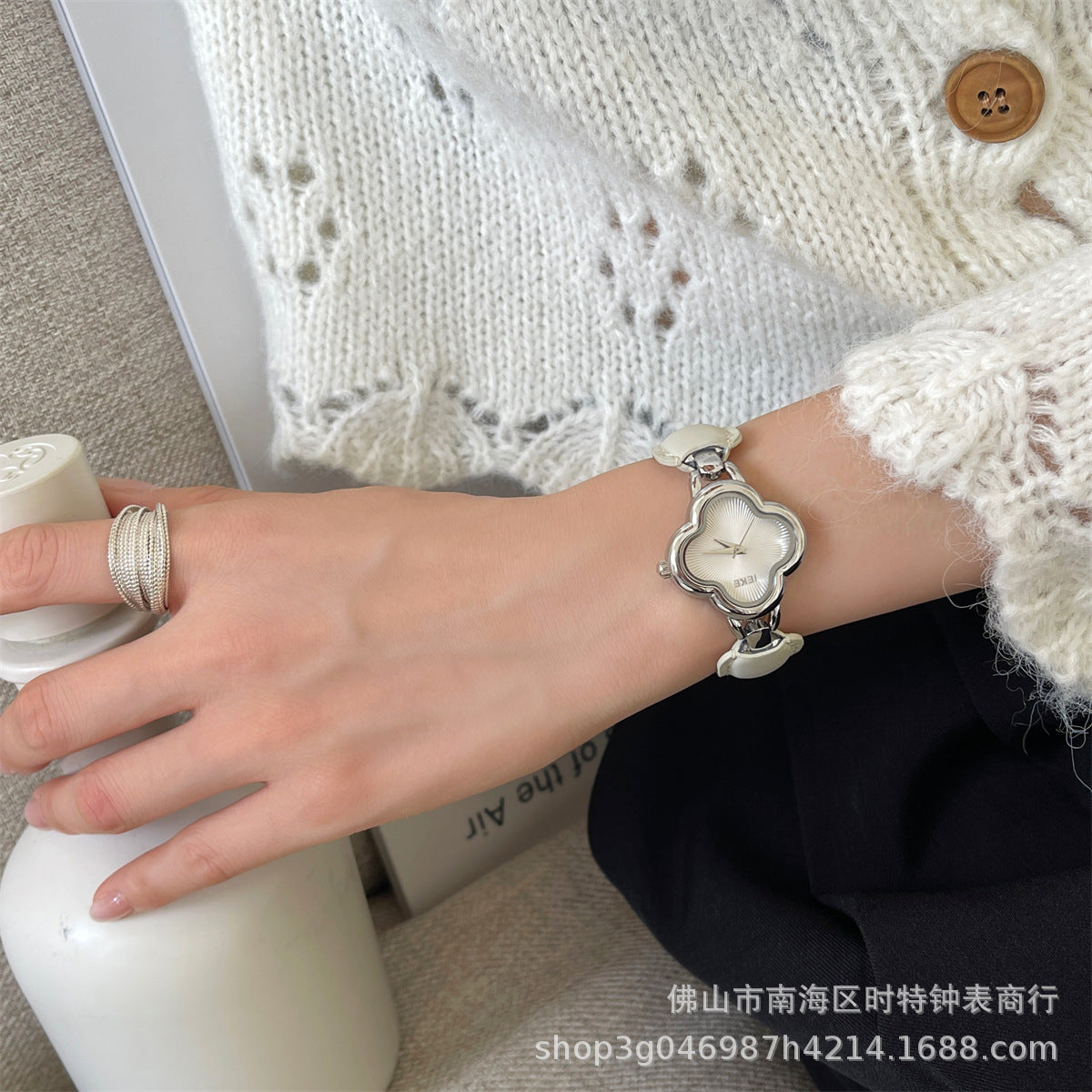 IEKE Fashion Light Luxury Four-leaf Clover Small Chanel Style Leather Bracelet Watch Women's Wristwatch High-end Light Luxury Internet Celebrity Hair