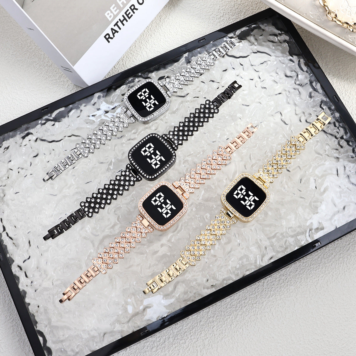 Cross-border Foreign Trade Diamond-encrusted Women's Small Fragrant Style Metal Steel Band LED Watch Fashion Touch Casual Electronic Watch