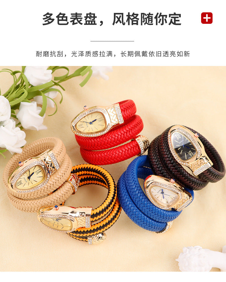New Cross-Border Snake-Shaped Watch, Fashionable and Creative Personalized Quartz Watch for Women, Diamond-Encrusted Leather Strap Bracelet, Fashionable Watch