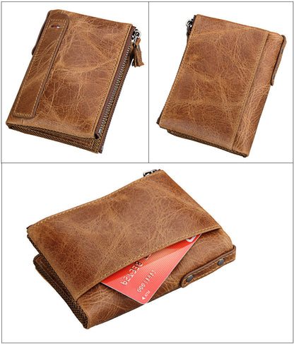 Crazy Horse Cowhide Men's Wallet RFID Anti-theft Brush Cowhide Short Men's Ticket Clip Wallet Double Zipper Coin Purse