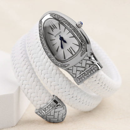 New Cross-Border Snake-Shaped Watch, Fashionable and Creative Personalized Quartz Watch for Women, Diamond-Encrusted Leather Strap Bracelet, Fashionable Watch