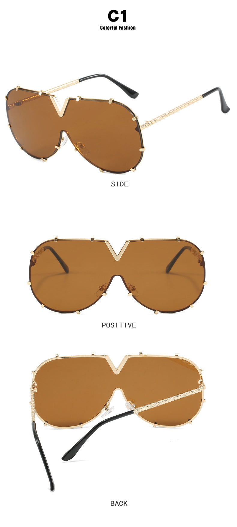Fashion Metal One-Piece Sunglasses 2024 New Cross-Border European and American V Large Frame Sunglasses Ins Internet Celebrity Sunglasses