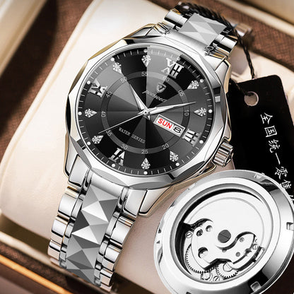 FOURRON brand imitation mechanical hollow-out transparent men's watch butterfly buckle steel belt luminous waterproof calendar Diamond