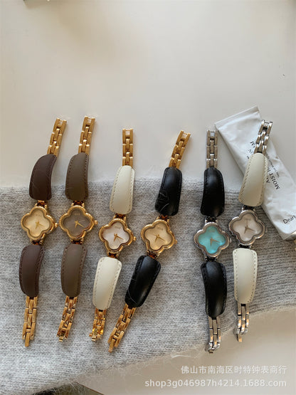 IEKE Fashion Light Luxury Four-leaf Clover Small Chanel Style Leather Bracelet Watch Women's Wristwatch High-end Light Luxury Internet Celebrity Hair