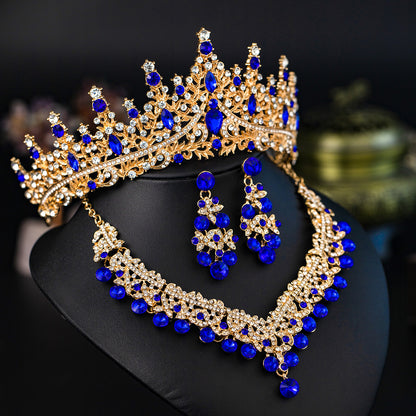 European and American Bride Jewelry Three-piece Suit High-class Dance Wedding Jewelry Alloy Diamond Crown Necklace Earrings suit