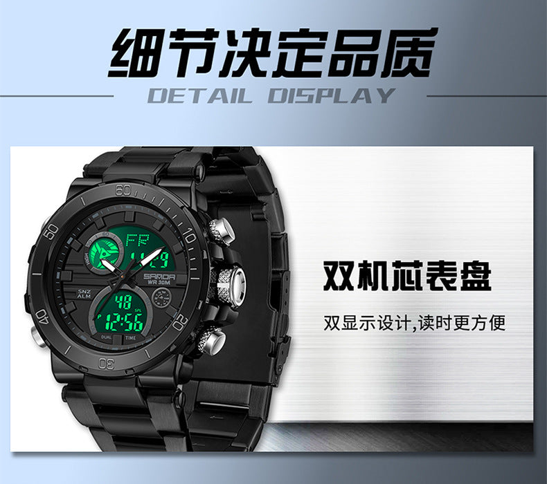 Sanda foreign trade best selling electronic watch fashion business steel band luminous wrist watch multi-functional dual display men's watch wholesale