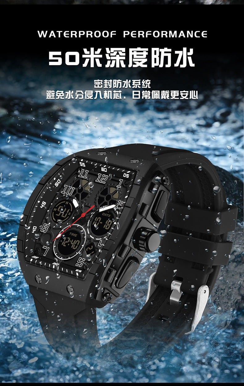 Ofns Fashion Watch Sports Waterproof Watch Barrel-Shaped Multi-Function Luminous Dual-Time Student Digital Watch