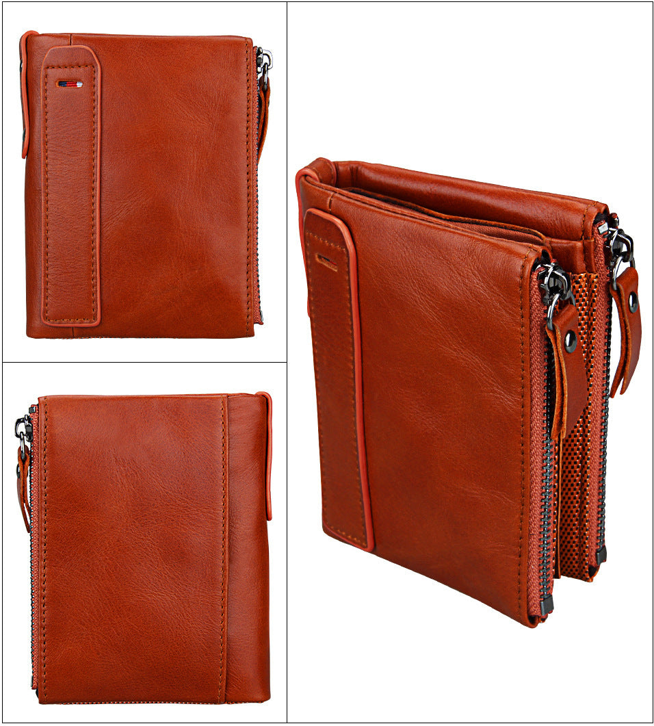Crazy Horse Cowhide Men's Wallet RFID Anti-theft Brush Cowhide Short Men's Ticket Clip Wallet Double Zipper Coin Purse