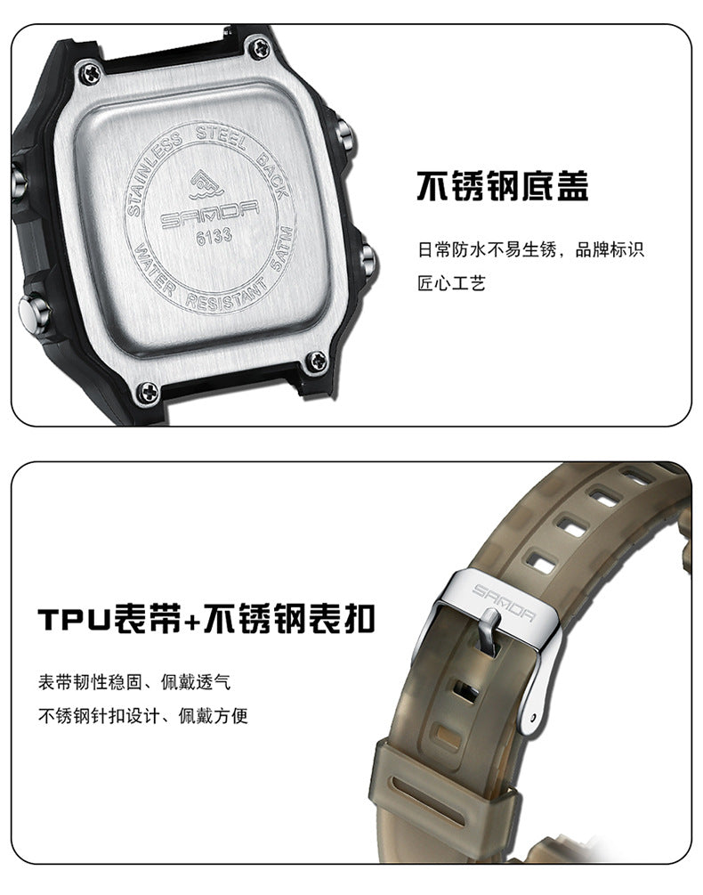 Sanda Hot-selling Square Watch Luminous Waterproof Alarm Student Watch Simple Korean Transparent Sports Electronic Watch