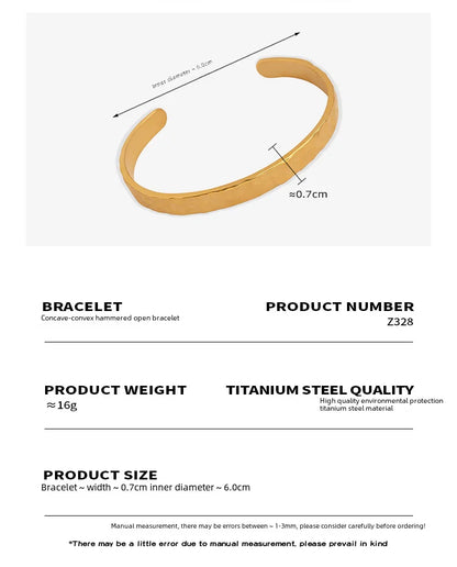 Casual Style Personalized Geometric Jewelry Niche Hammered Texture Design Titanium Steel Gold-Plated Open Bracelet Titanium Steel Bracelet