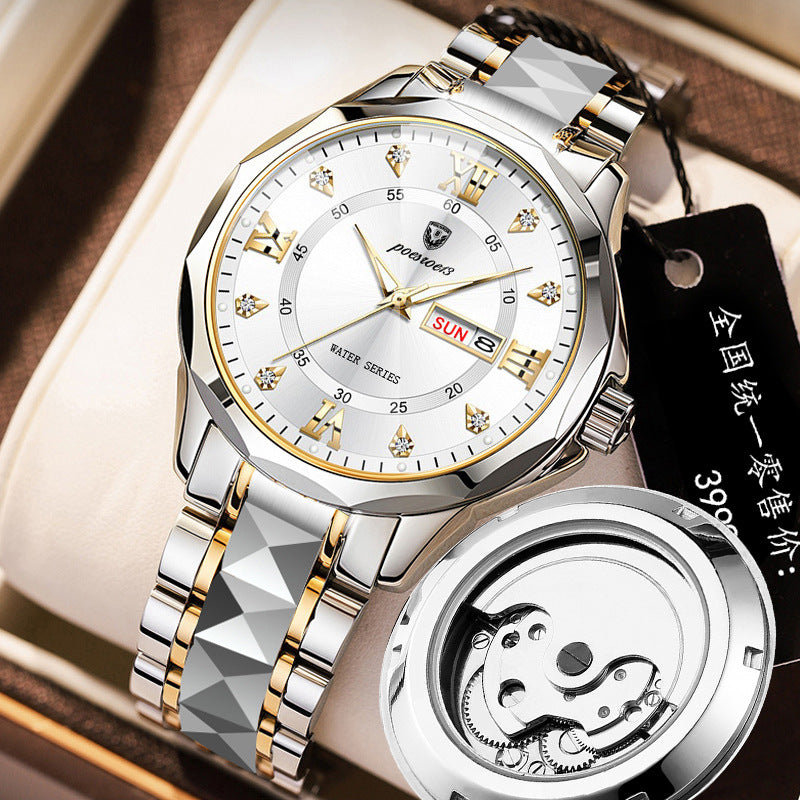 FOURRON brand imitation mechanical hollow-out transparent men's watch butterfly buckle steel belt luminous waterproof calendar Diamond