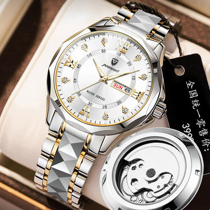 FOURRON brand imitation mechanical hollow-out transparent men's watch butterfly buckle steel belt luminous waterproof calendar Diamond