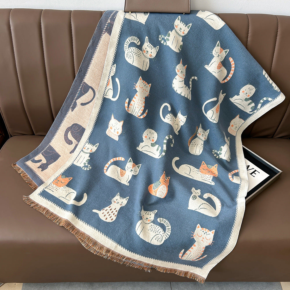 Sweet Cartoon Double-sided Cute Kitten Cashmere Scarf Women's Fashion All-match Thickened Winter Warm Neck Shawl