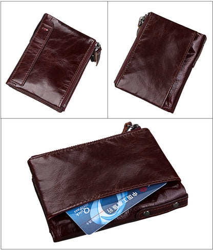 Crazy Horse Cowhide Men's Wallet RFID Anti-theft Brush Cowhide Short Men's Ticket Clip Wallet Double Zipper Coin Purse