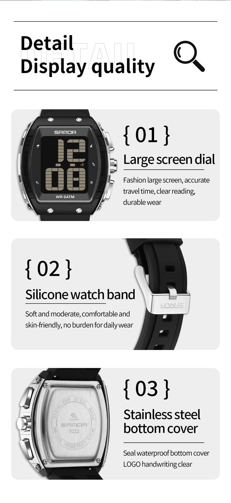 Sanda Elderly Voice Time Watch Large Digital Screen Luminous Multi-Function Watch Waterproof Calendar Digital Watch