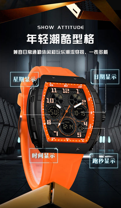 Ofns Fashion Watch Sports Waterproof Watch Barrel-Shaped Multi-Function Luminous Dual-Time Student Digital Watch